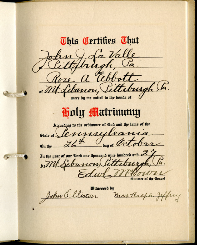 Rose Abbott and John LaValle Marriage Book