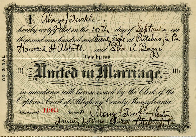 Howard and Ella Boggs Marriage Certificate