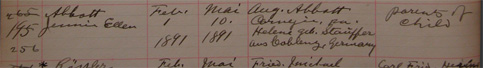 Jennie Ellen Abbott Baptism Record, Detail