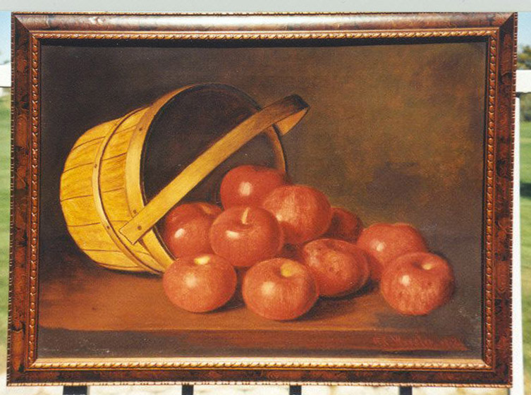 Stillife oil painting of apples spilling from basket