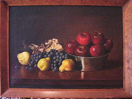Stillife oil painting of apples, grapes, and pears