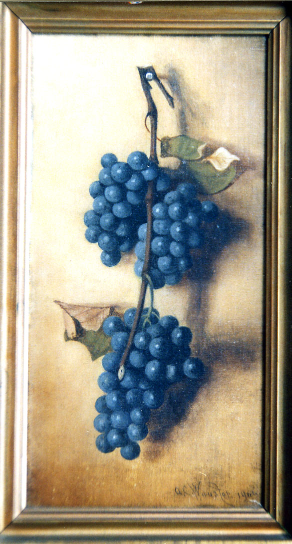 Stillife oil painting of blue grapes on a nail