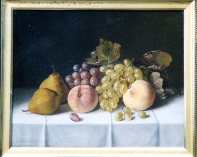 Stillife oil painting of grapes, peaches and pears