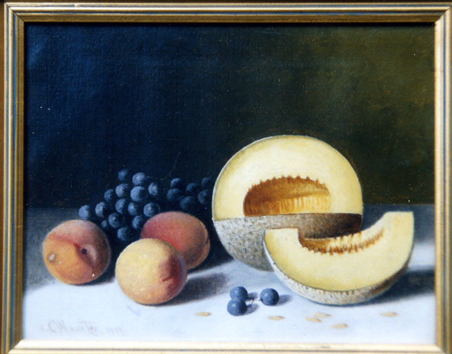 Stillife oil painting of melon, peaches, and grapes