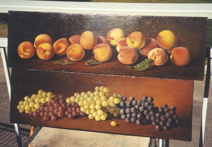 Two stillife oil paintings on wood, one of peaches, one of grapes