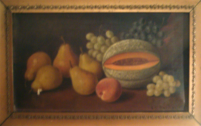 Stillife oil painting of pears and cantalope