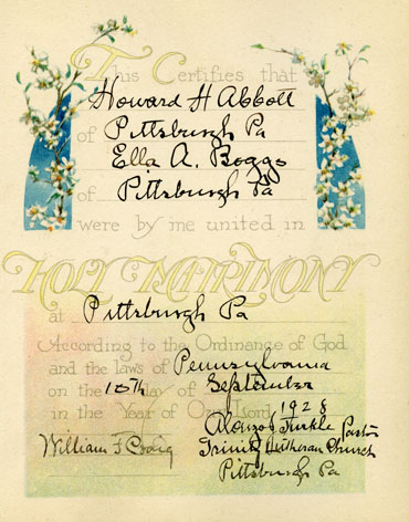 Howard Abbott and Ella Boggs Marriage Book Page 1