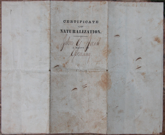 John Jacob Certificate of Citizenship, Cover