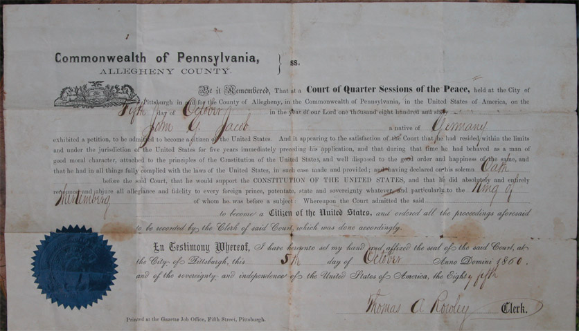 John Jacob Certificate of Citizenship