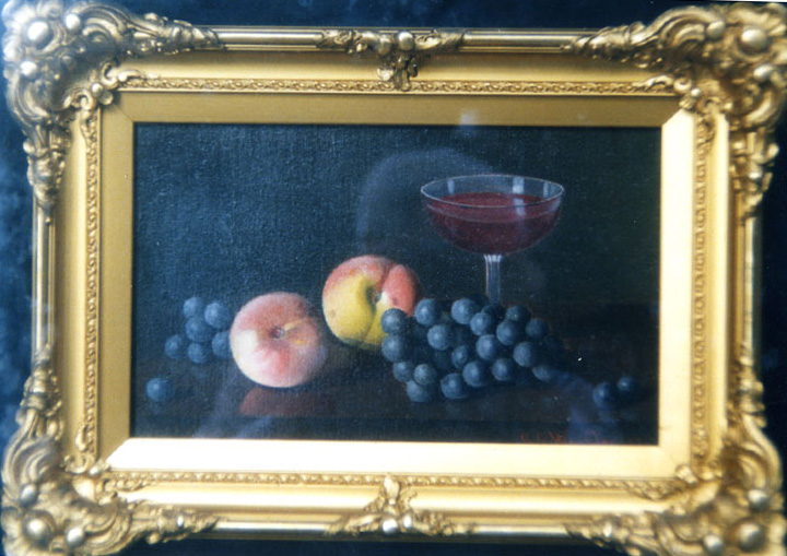 Stillife oil painting of grapes, peaches, and wine