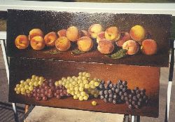 Oil Painting of peaches and grapes on table